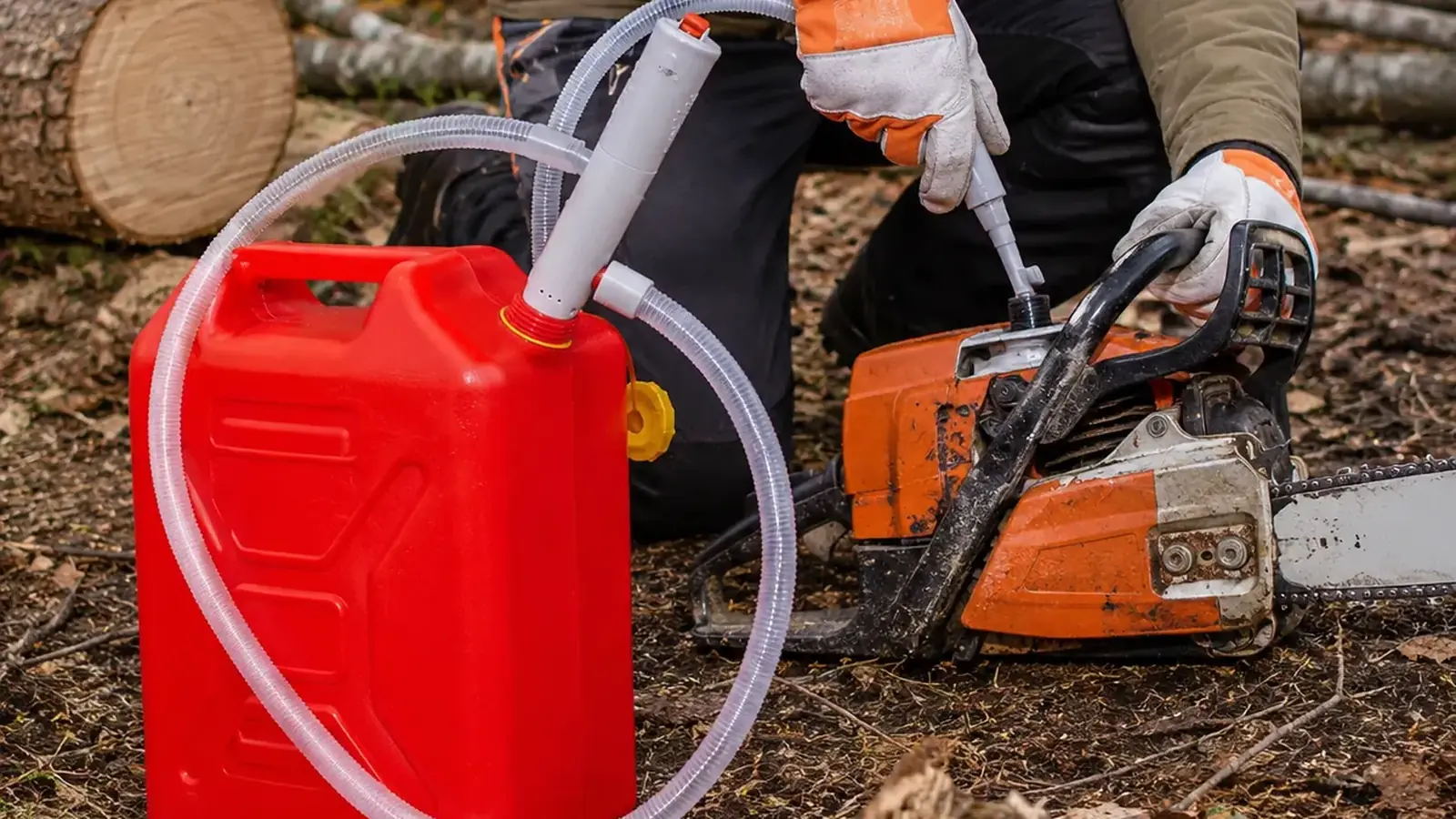Portable fuel transfer pump in a working outdoor power equipment application