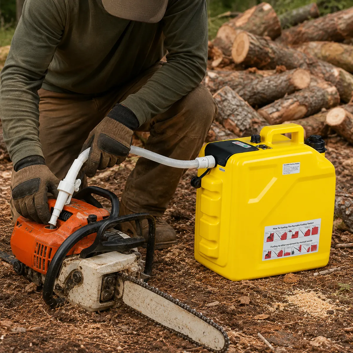 FT705 portable pump refueling a chainsaw