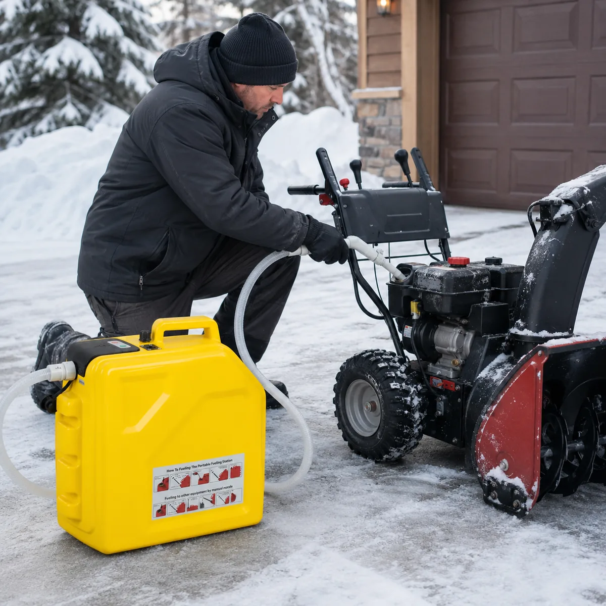 FT705 portable pump refueling a snow blower in snow